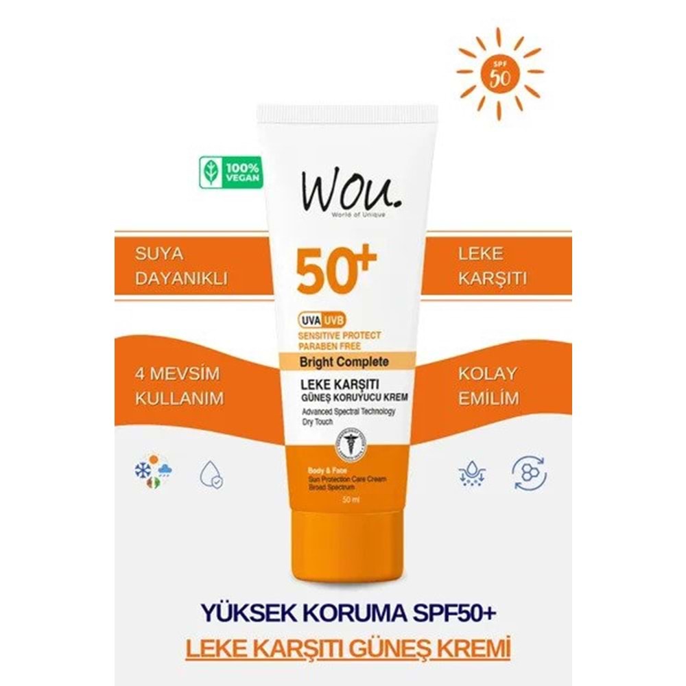 WOU GÜNEŞ KREMİ SPF 50+ LEKE KARŞITI 50 ML