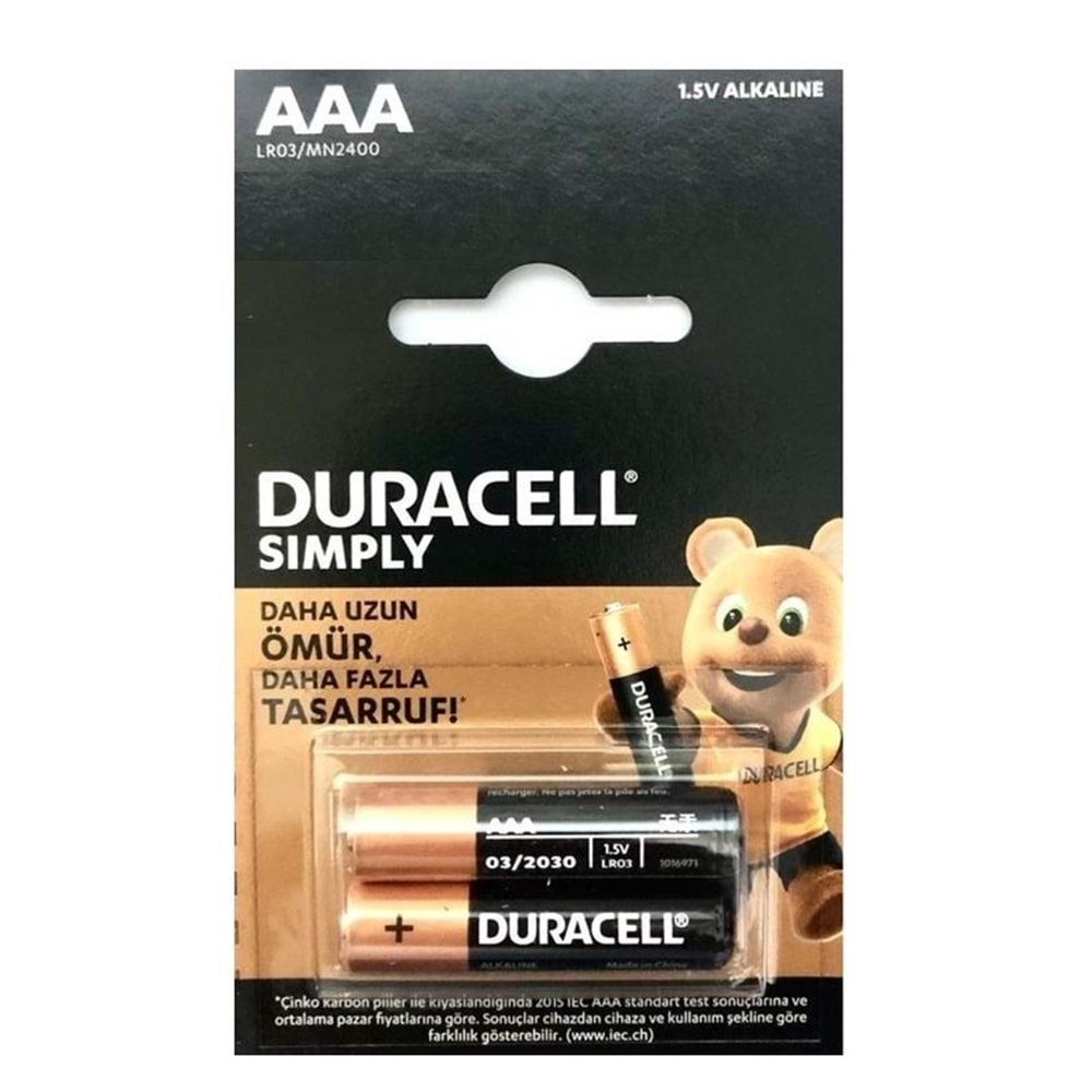 DURACELL AAA 1,5 V İNCE KALEM PİL 2 Lİ