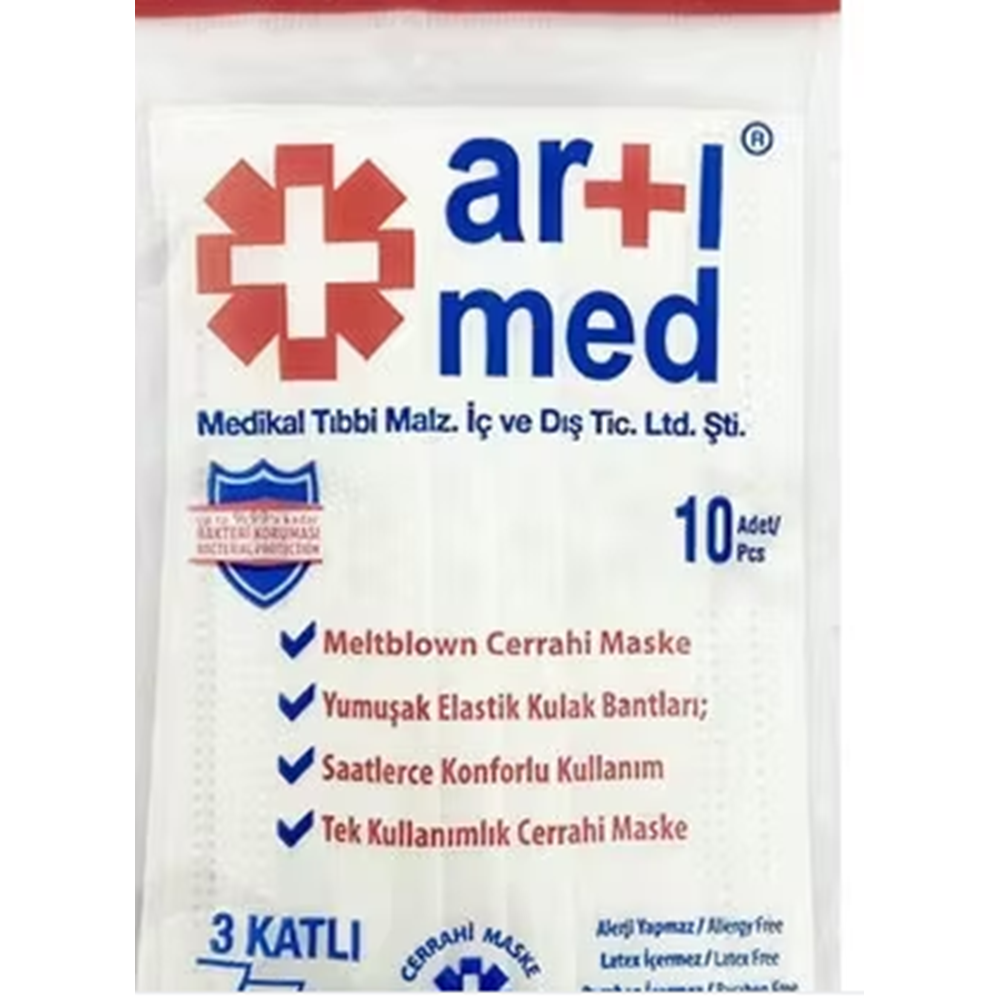 ARTIMED MASKE 3 KATLI BEYAZ 10 LU