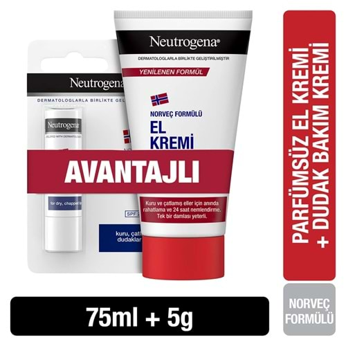 NEUTROGENA PARFÜMSÜZ EL KREMİ 75 ML + DUDAK KREMİ 4,8 GR.